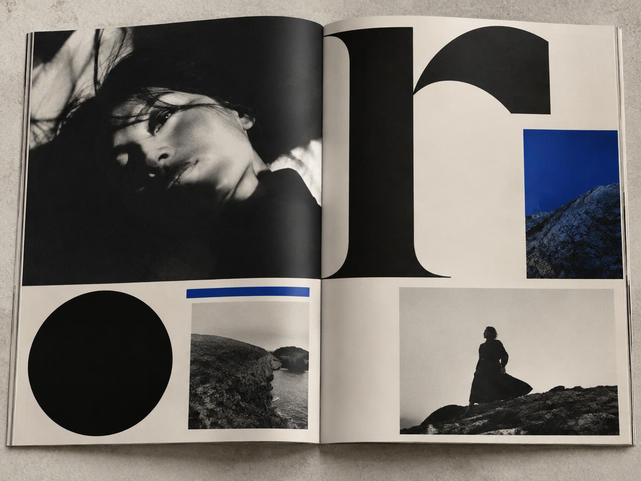Art-directed magazine spread with black and cobalt imagery