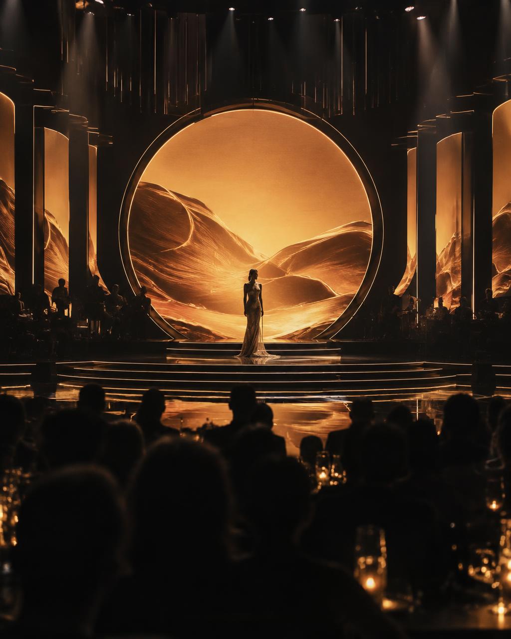 Amber-lit awards stage with a silhouetted audience