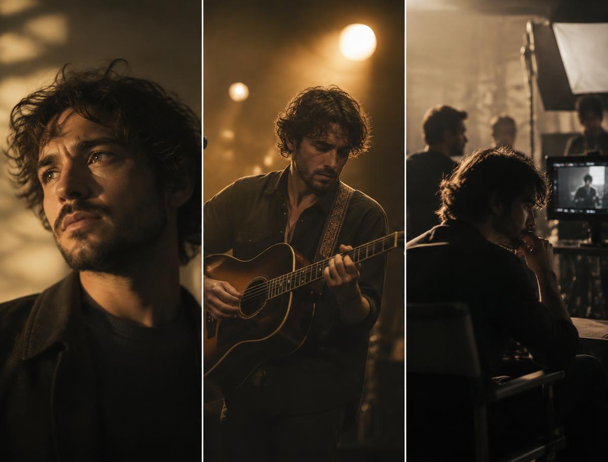 Three-panel artist campaign with portrait, performance and film set